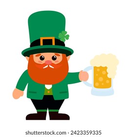 Cute leprechaun with beer on white background