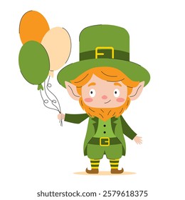 A cute leprechaun with big eyes and a big smile holds bright balls in his hands. A great illustration for children's books, cards and other creative projects.