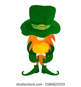 Cute leprechaun with big green hat holding gold coins. Perfect for St. Patrick's Day cards, decorations, posters, invitations, and festive designs