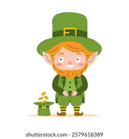 A cute leprechaun with a big smile guards his pot of gold. A great illustration for children's books, cards, and other creative projects.