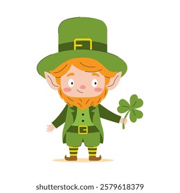 A cute leprechaun with a big smile shows off his mascot - a shamrock. A great illustration for children's books, cards and other creative projects.