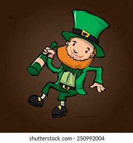 Cute leprechaun with a bottle of whiskey celebrates St. Patrick's Day. Hand drawn cartoon illustration.