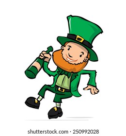 Cute leprechaun with a bottle of whiskey celebrates St. Patrick's Day. Hand drawn cartoon illustration.