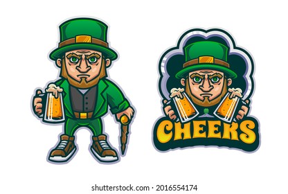 Cute leprechaun bring glass of beer illustration