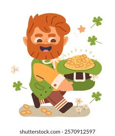 Cute leprechaun carries hat with gold coins isolated background. Fantasy flat vector character