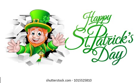 A cute Leprechaun cartoon character breaking through the background brick wall with Happy St Patricks Day message