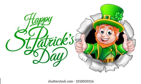 A cute Leprechaun cartoon character breaking through the background with Happy St Patricks Day message