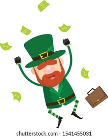 Cute Leprechaun Cartoon - Jumping in Excitement with money