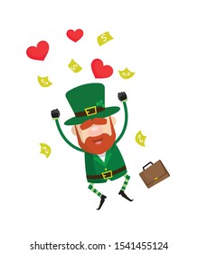 Cute Leprechaun Cartoon - Jumping with Hearts and Money