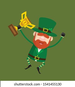 Cute Leprechaun Cartoon - Jumping with Trophy