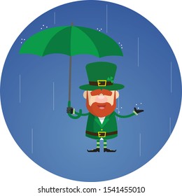 Cute Leprechaun Cartoon Standing in Rain with Umbrella