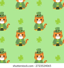 Gatos Leprechaun bonito padrão sem emenda, gatinhos do dia de São Patrício com chapéus e ouro, fundo de vetor festivo