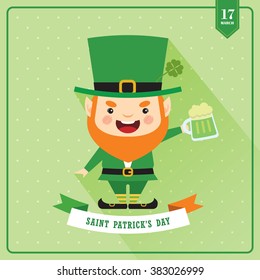Cute Leprechaun celebrating Saint Patrick's Day with mug of green beer / Vector illustration.