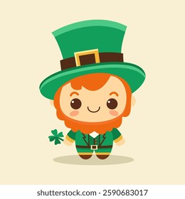 A cute leprechaun character in a green suit, holding a shamrock, on a light background. St. Patrick's Day. Vector illustration.