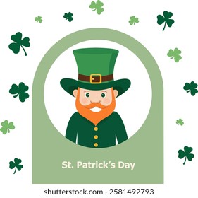 Cute leprechaun with clover leaf. Cartoon lucky elf dwarf bearded small man. Vector illustration isolated on white background. St. Patrick's day icon, Irish mythology fantasy gnome character