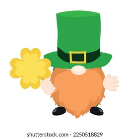 Cute leprechaun with clover on white background