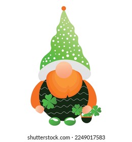 Cute leprechaun with clover and pot on white background