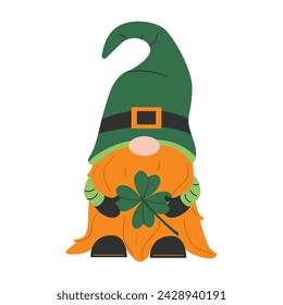 Cute leprechaun. Leprechaun with clover. Vector illustration for St. Patrick's day. Dwarf. White isolated background. 