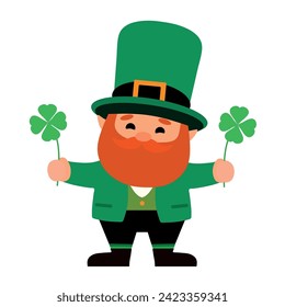 Cute leprechaun with clovers on white background