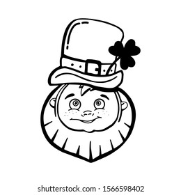 Cute Leprechaun in doodle style isolated on white background. Irish man with leaf clover and cone hat, St. Patrick's Day symbol logo design, print, tattoo. Outline vector illustration. Face portrait.