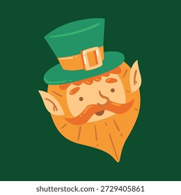 Nettes Kobold Gesicht mit grünem Hut und Bart. Fröhlicher Charakter für Saint Patricks Day-Poster, Einladungen, Kinderdesigns und festliches Branding.