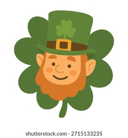 Cara linda del duende dentro de la hoja del trébol, Clipart de Vector de dibujos animados irlandés sonriente de San Patricio.