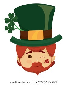 Cute Leprechaun face with red kiss mark on cheek, winking gesture, green top hat and four-leaf clovers.