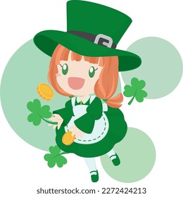 Cute Leprechaun Girl with Shamrock and Coin