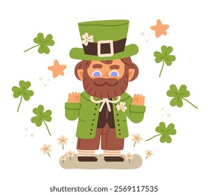 Cute leprechaun with green hat, coat, and beard with clovers on isolated background. Fantasy vector character