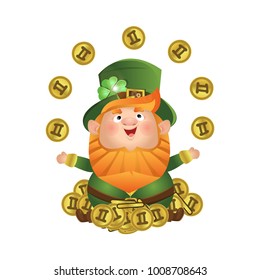 Cute leprechaun in a green hat and suit  juggles with gold coins. St.Patrick's Day. Vector character, isolated on white background.
