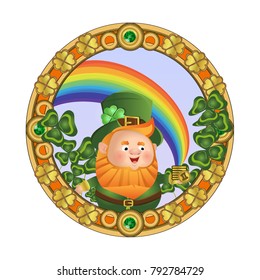 A cute leprechaun in a green hat and suit holds a pile of gold coins, from which a bright rainbow appears. Round frame with emeralds and clover leaves. Vector character.