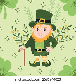 Cute leprechaun in a green suit seamless pattern. A cartoon dwarf with clover. Vector illustration for St. patrick's day