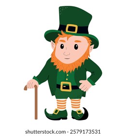 Cute leprechaun in a green suit for St. Patrick's Day. A cartoon dwarf in a big hat and with walking stick.