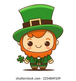 Cute leprechaun with hat and clover. In honor of St. Patrick’s day. Vector illustration.