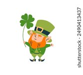 Cute leprechaun holding clover leaf. Cartoon lucky elf dwarf bearded small man. Vector illustration isolated on white background. St. Patrick