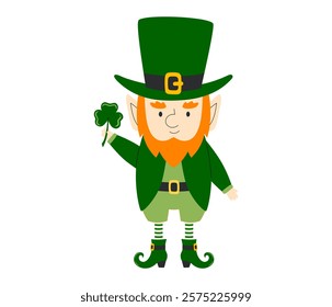 Cute leprechaun holding clover leaf. Shamrock lucky symbol. Cartoon lucky elf dwarf bearded small man. Saint Patrick's day. Ireland holiday. Flat Vector illustration isolated on white background 