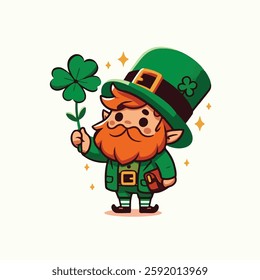 Cute leprechaun holding clover leaf. Cartoon lucky elf dwarf bearded small man. Vector illustration isolated. St. Patrick's day icon, Irish mythology fantasy gnome character