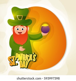 Cute Leprechaun holding Gold Coins Pot for Happy St. Patrick's Day celebration.