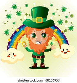 Cute Leprechaun holding a gold horseshoe and shamrock for St Patrick's Day