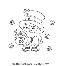 Cute leprechaun holding pot of gold. Shamrocks St Patricks Day symbol. Vector doodle illustration. Irish folklore objects isolated. Patricks Day March 17 coloring page, design elements.