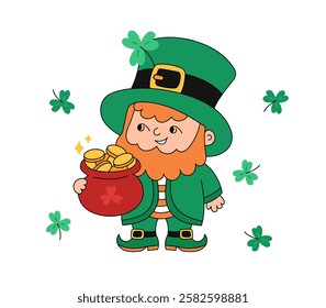 Cute leprechaun holding pot of gold vector. Shamrocks St Patricks Day symbol. Irish folklore objects isolated. Patricks Day March 17 cartoon doodle illustration.