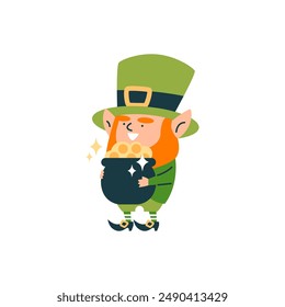 Cute leprechaun holding pot of golden coins. Cartoon lucky elf dwarf bearded small man with wealth vector illustration isolated. St. Patrick's day icon, Irish mythology fantasy rich gnome character