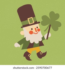 Cute leprechaun holding a three-leaf clover, flat design illustration, vector graphic on a green background, vintage retro style, simple lines, minimalistic design, cute character design, vintage post
