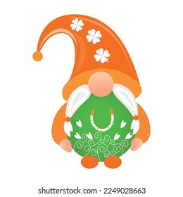 Cute leprechaun with horseshoe on white background