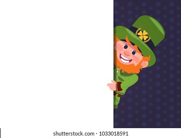 Cute Leprechaun Looking From White Template Banner St. Patricks Day Card Design Background Flat Vector Illustration