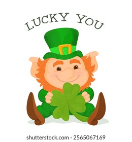 Cute leprechaun lucky elf dwarf bearded small man. St. Patrick's day icon, Irish mythology fantasy gnome character