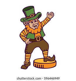 Cute leprechaun on big coin. St. Patrick's day. Vector image for your business and design. For postcards, cartoons, wallpapers, games, linen and clothing