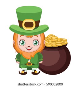 Cute leprechaun with a pot of gold behind him