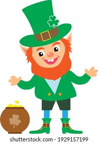 Cute leprechaun with pot of gold. St.Patrick `s Day. Vector illustration isolated on white background.