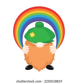 Cute leprechaun with rainbow on white background